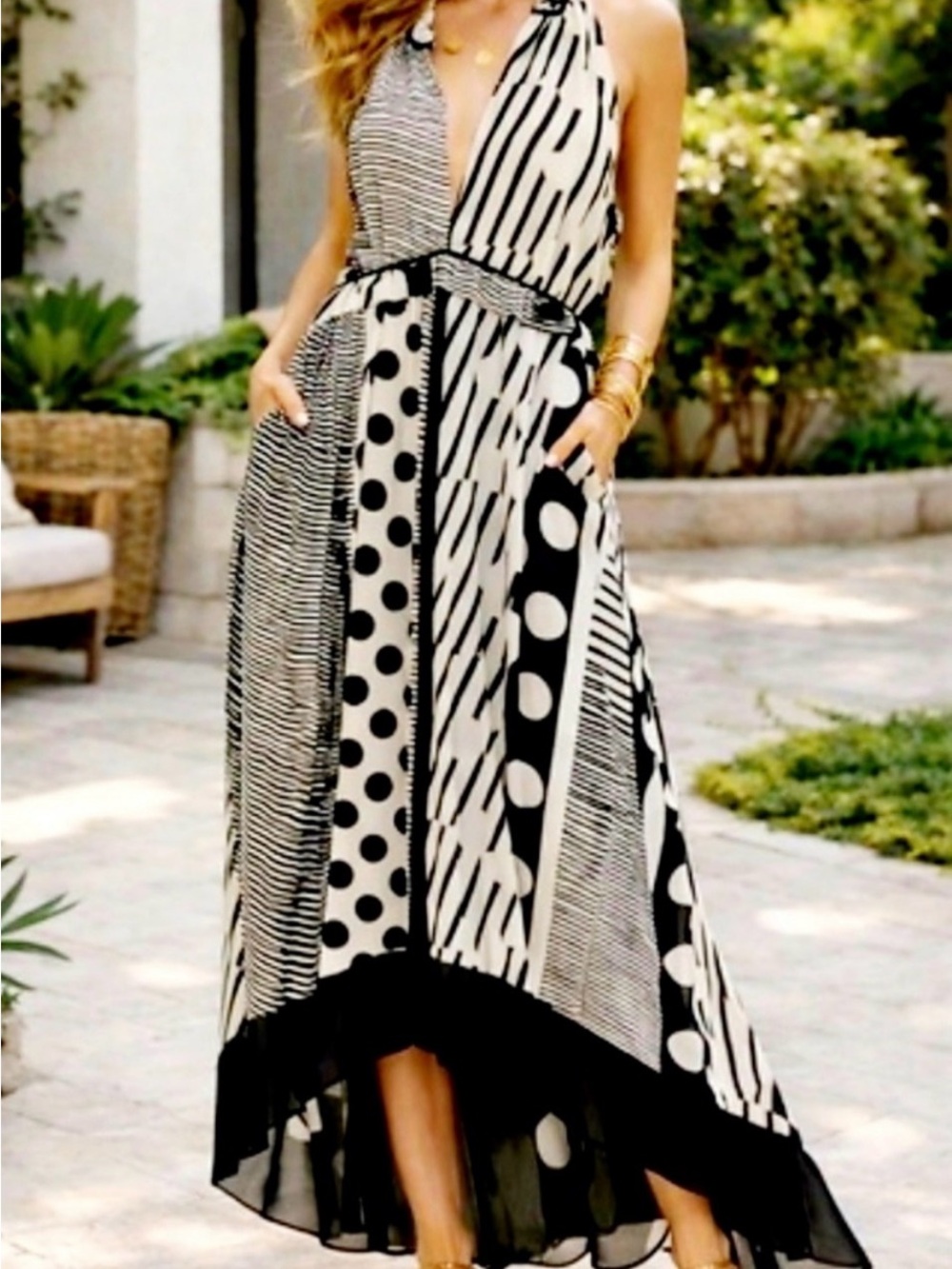 MAEVE ANTHROPOLOGIE Channeled High Low Polka Dot Stripe Maxi Dress 8 Black White